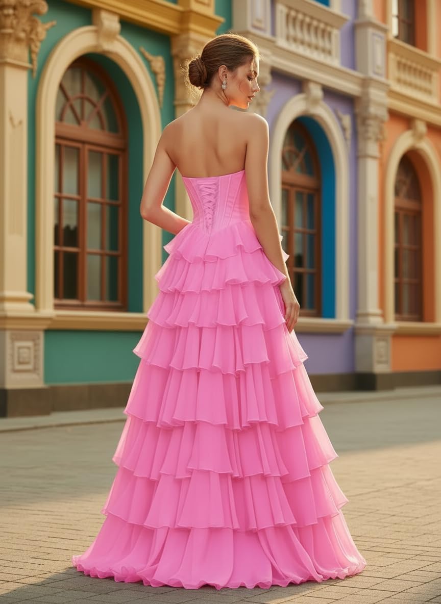 Chiffon Tiered Ruffles Prom Dresses with Slit for Women Strapless Sweetheart Long Formal Evening Dress - Image 2
