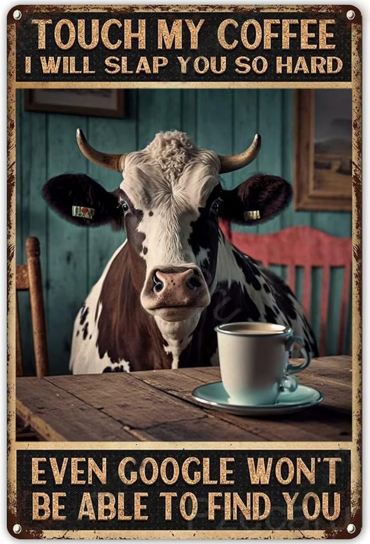 Kwqdozf As Pic Vintage Cow Poster Metal Sign Touch My Coffee Cow Tin Signs Retro Plaque Wa