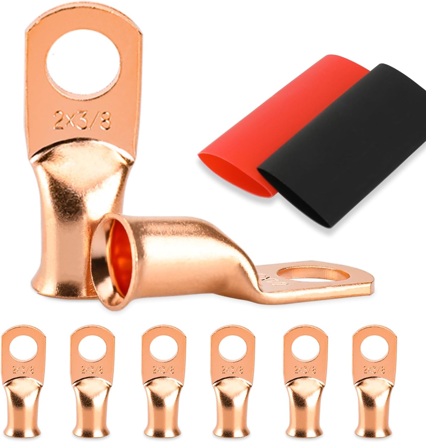 HOUSUN Battery Cable Ends, 8PCS 2 Gauge Wire Connectors 3/8 Copper Wire Lugs, Bare Copper Eyelets with Heat Shrink Tubing