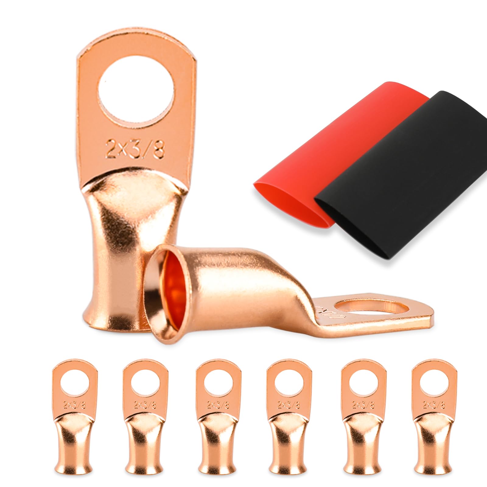 Battery Cable Ends, 8PCS 2 Gauge Wire Connectors 3/8 Copper Wire Lugs, Bare Copper Eyelets with Heat Shrink Tubing