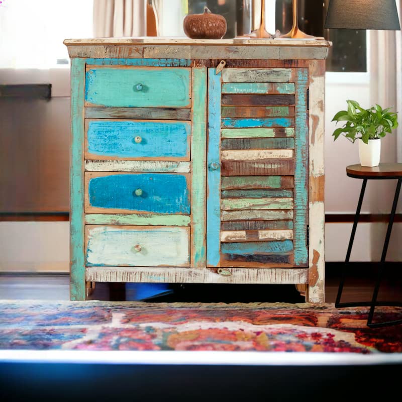 Image of Solid Wooden Vistoso 4 Drawers Chest of Drawers | Wooden Storage Cabinet | Reclaimed Wood, Finish- Multicolour Distressed