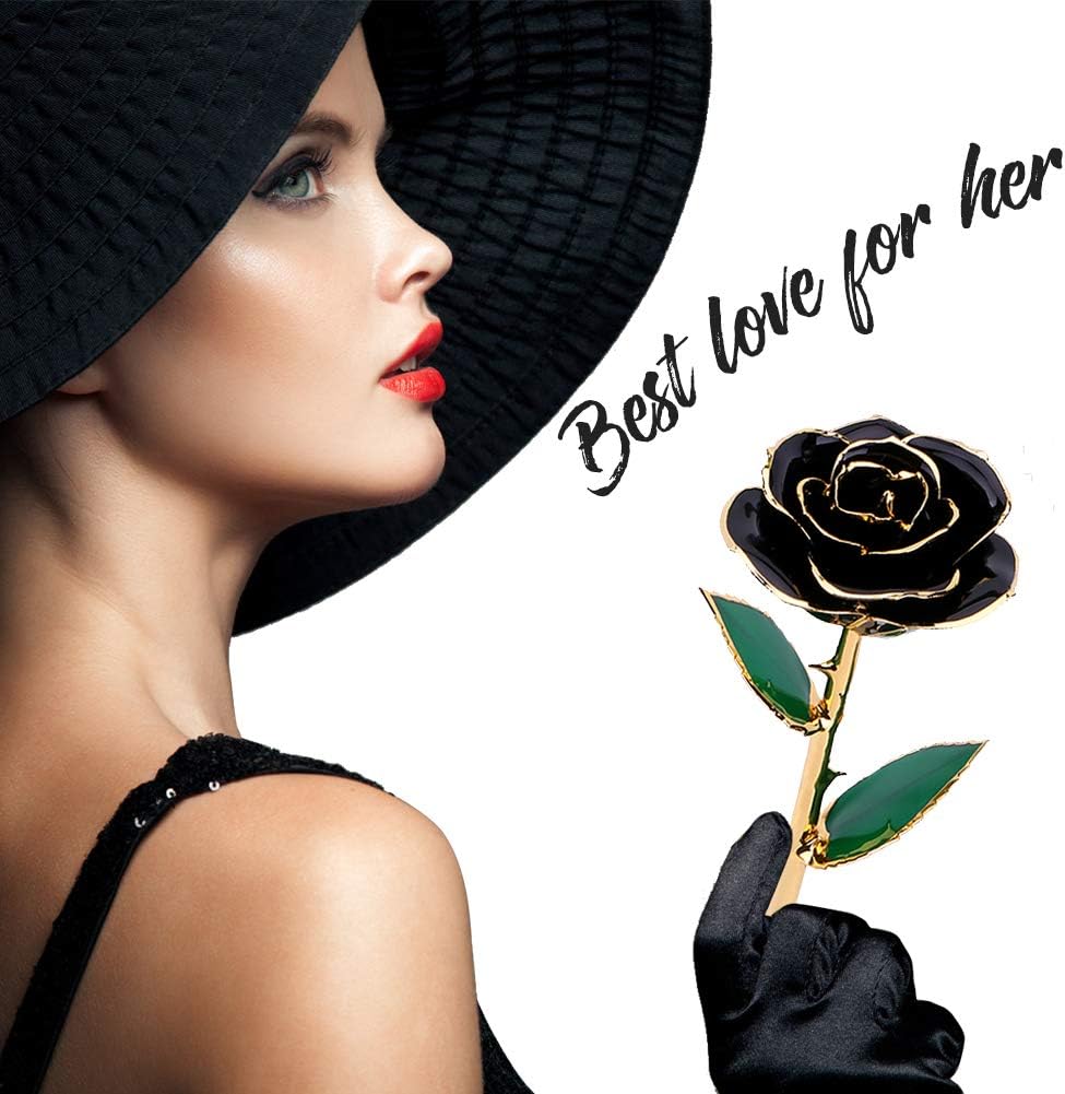 FILFEEL 24K Gold Rose, Long Stem Dipped Flower Gift for Her, Made of Fresh Rose, Last Forever Mother's/Thanksgiving/Christmas/Valentine's/Birthdays Party/Graduations/Weddings (Black)