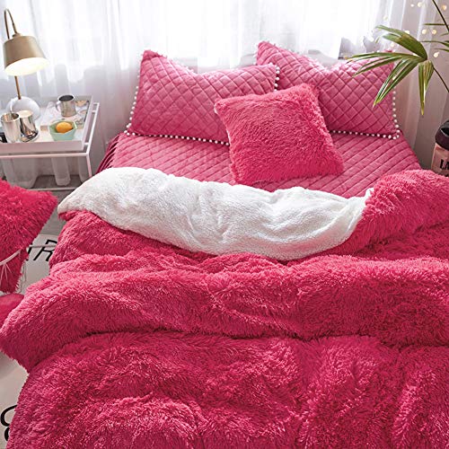 LT&NT 100% Flanelle Velours Housse De Couette,Peluche Hirsute Couverture De Couette Moelleux Housses De Couette Couleur Unie Parure De Lit 1 Pièce pour Enfants Adultes-Rouge 220x240cm(87x94inch)