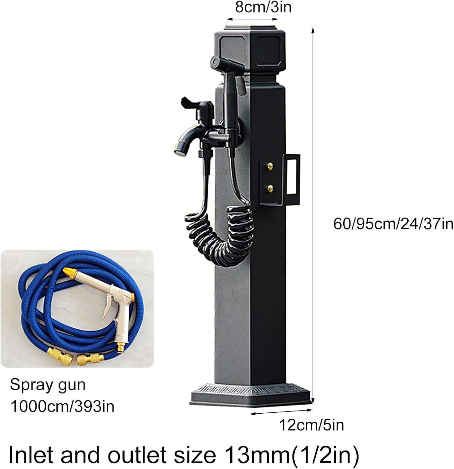 Vertical Square Garden Water Column, Outdoor Faucet Water Column Double Outlet Faucet with Spray Gun, Decorative Water Fountain Yard Hydrant Hose Stand(12 * 60cm/5 * 24in)