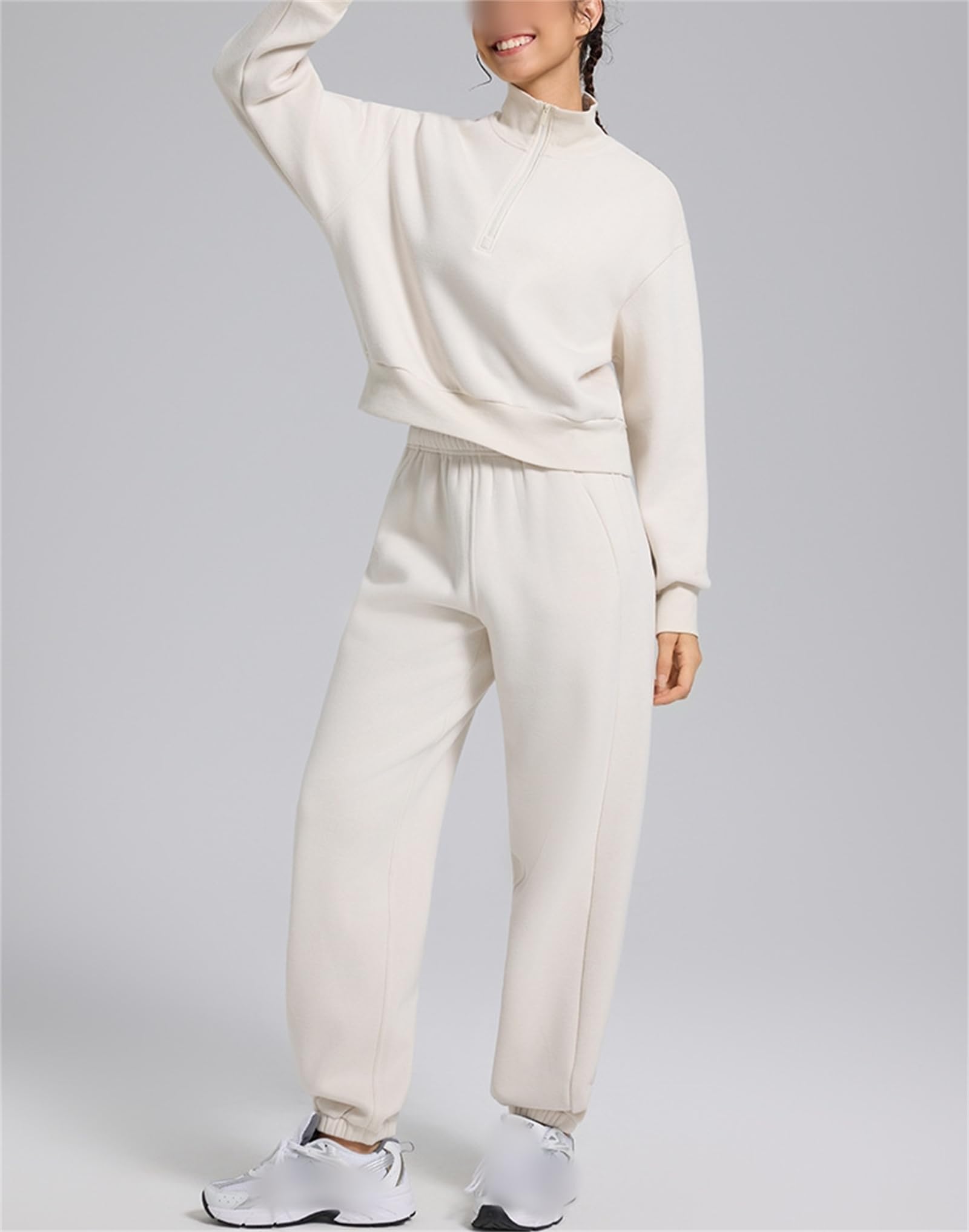 Sudadera con forro polar de algodón con media cremallera para mujer, cuello alto falso, manga larga, sudadera corta para mujer.