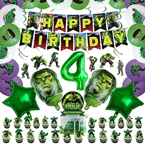 BPSJKET 71pcs for Hulk Birthday Decorations with 32inch Number 4 Balloon, Happy Banner, Cake Topper, Hanging Swirls, Party Supplies, (size:4 Years Old)