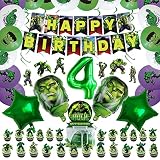 BPSJKET 71pcs for Hulk Birthday Decorations with 32inch Number 4 Balloon, Happy Banner, Cake Topper,