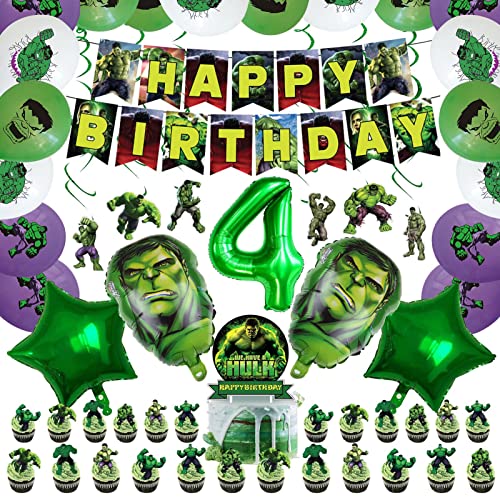 Bpsjket 71Pcs For Hulk Birthday Decorations With 32Inch Number 4 Balloon, Happy Banner, Cake Topper, Hanging Swirls, Party Supplies, (Size:4 Years Old) #TOP1
