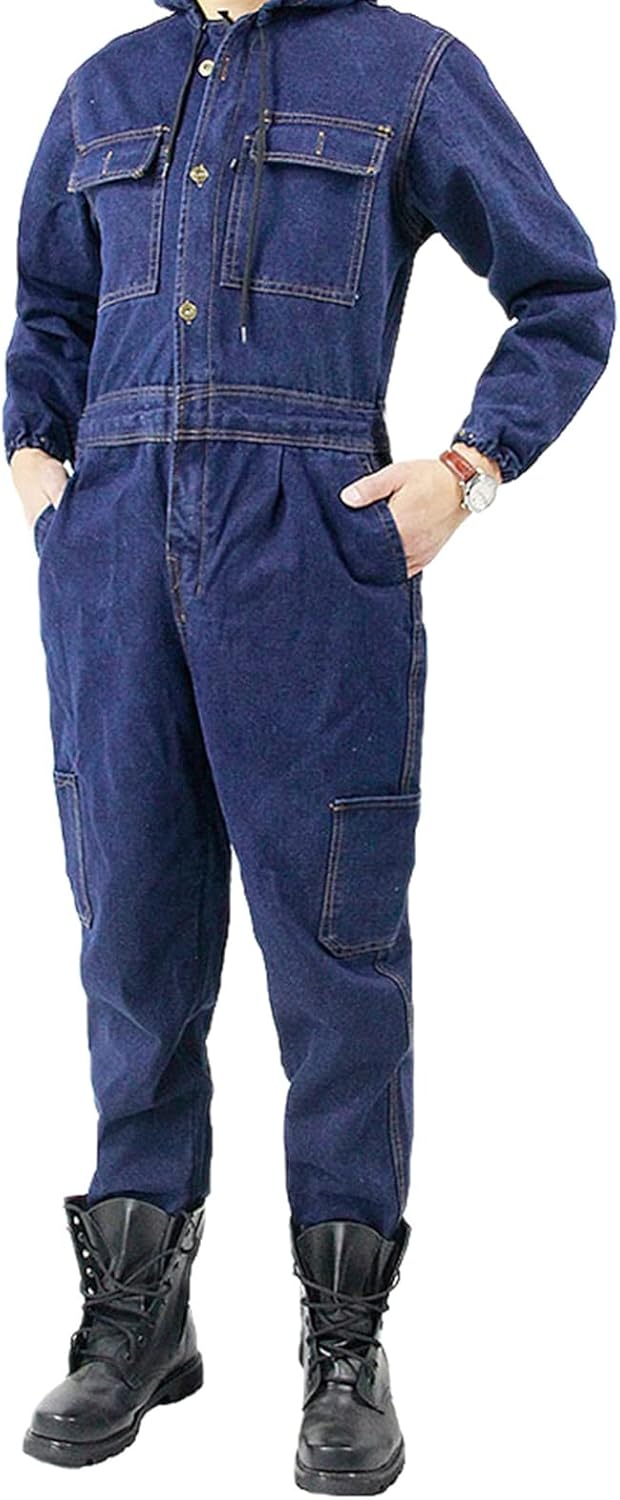 Men's Cotton Denim Hood Long Sleeve Frame Retardant Work Overall, Safety Insulated Workwear Boiler Suit Coverall