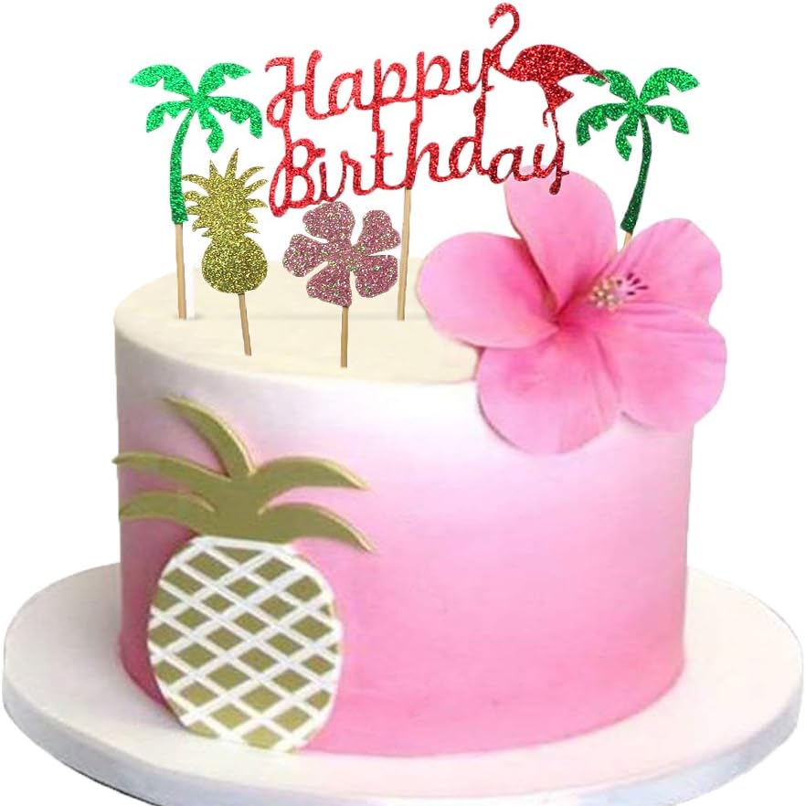 Glitter Luau Cake Topper Flamingo Happy Birthday Cake Picks Pineapple Flamingo Coconut Shape Palm Leaf Cake Decoration for Tropical Hawaiian Luau Themed Party Supplies