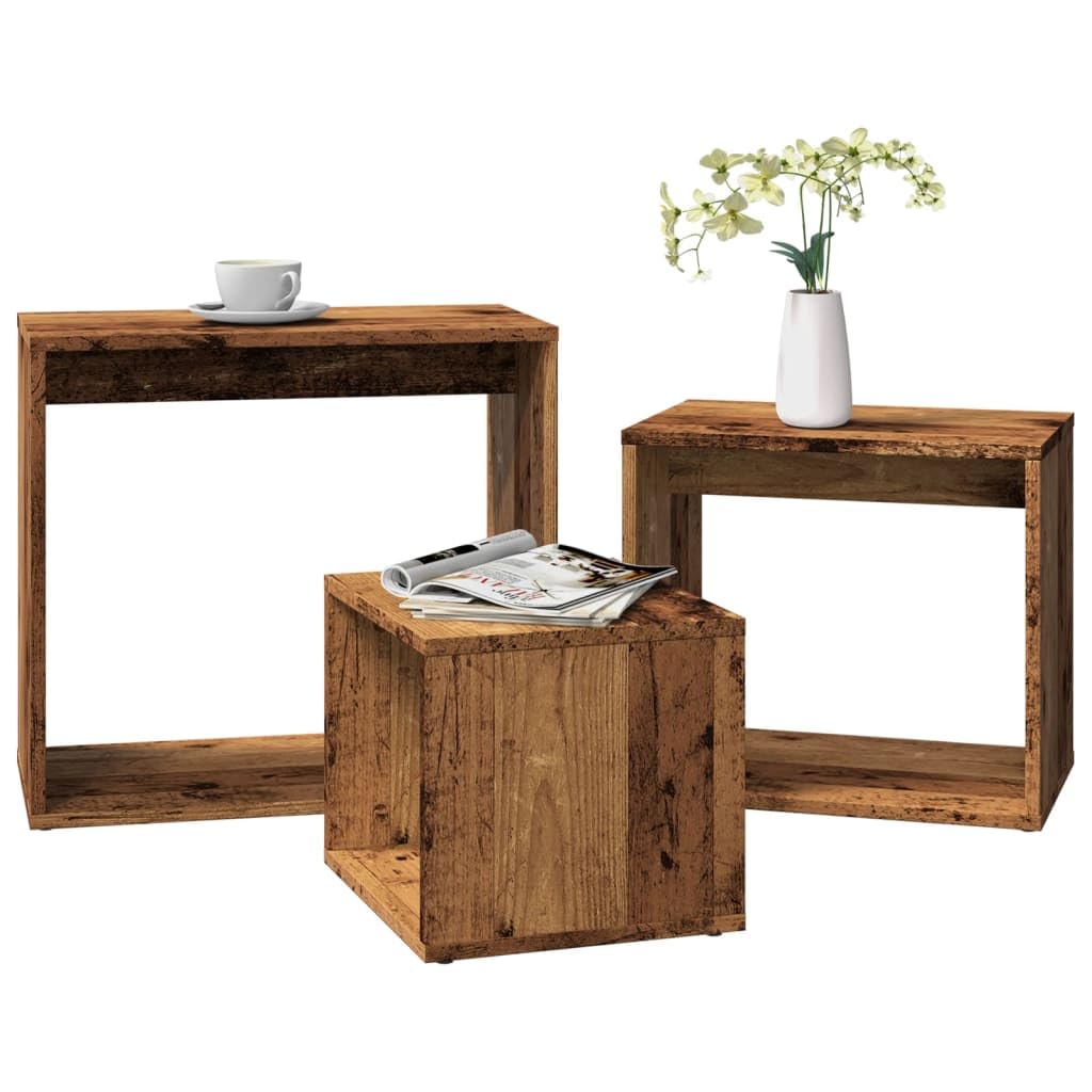 SXZenSpace Nesting Tables 3 pcs Old Wood Engineered Stackable Side Coffee Table Set 55 x 30 50 cm for Living Room Bedroom Hallway