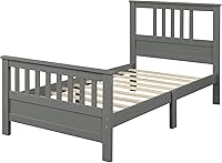Vista 4 de Marco de cama de madera maciza, cama de plataforma de madera con cabecera y estrio, no necesita somier, fácil montaje para niños, individual (gris)