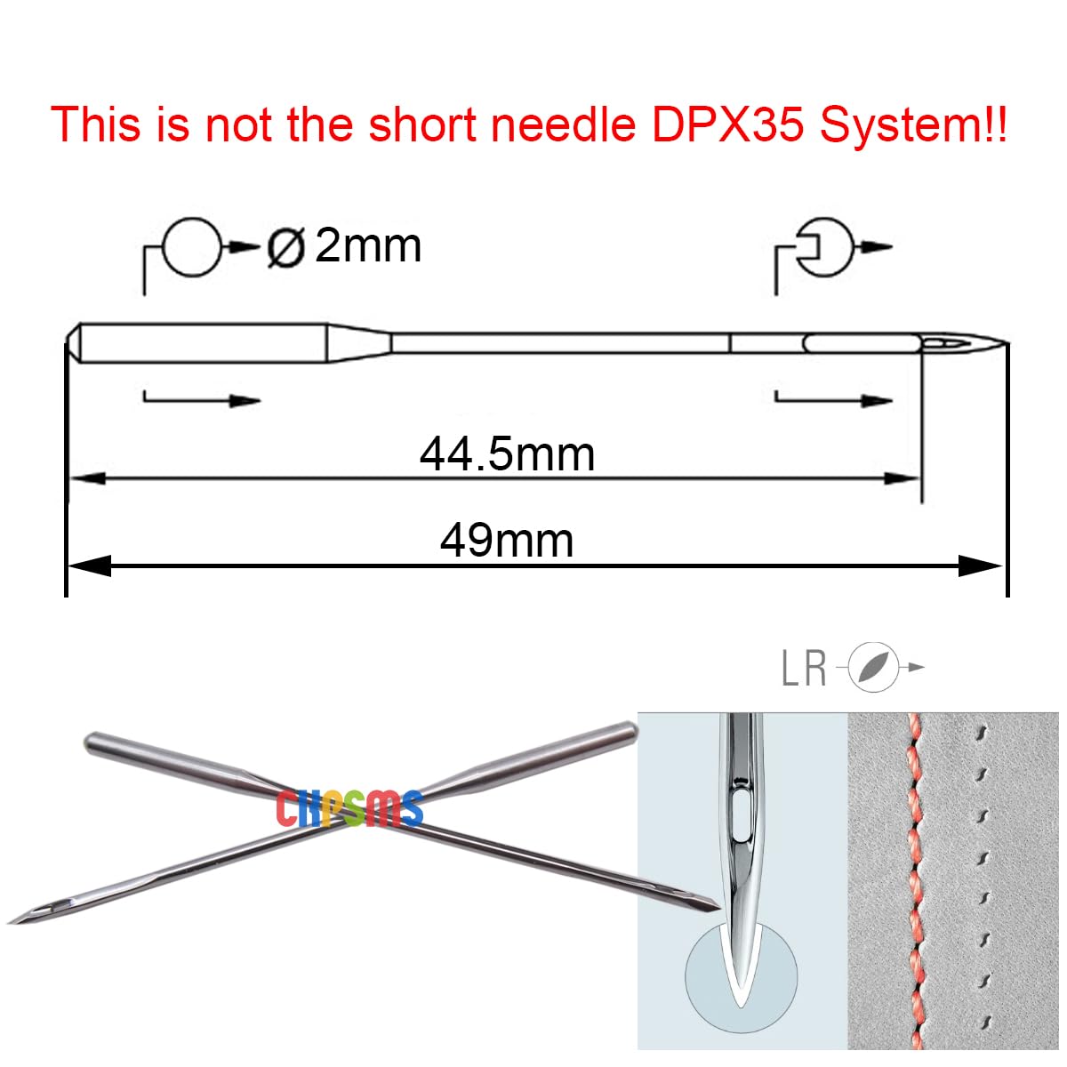 100 agujas de coser de cuero de 49 mm de longitud 190LR MTX190LR en caja de plástico transparente CKPSMS, compatible con/repuesto para máquinas industriales de la marca Pfaff/Adler (tamaño de aguja: