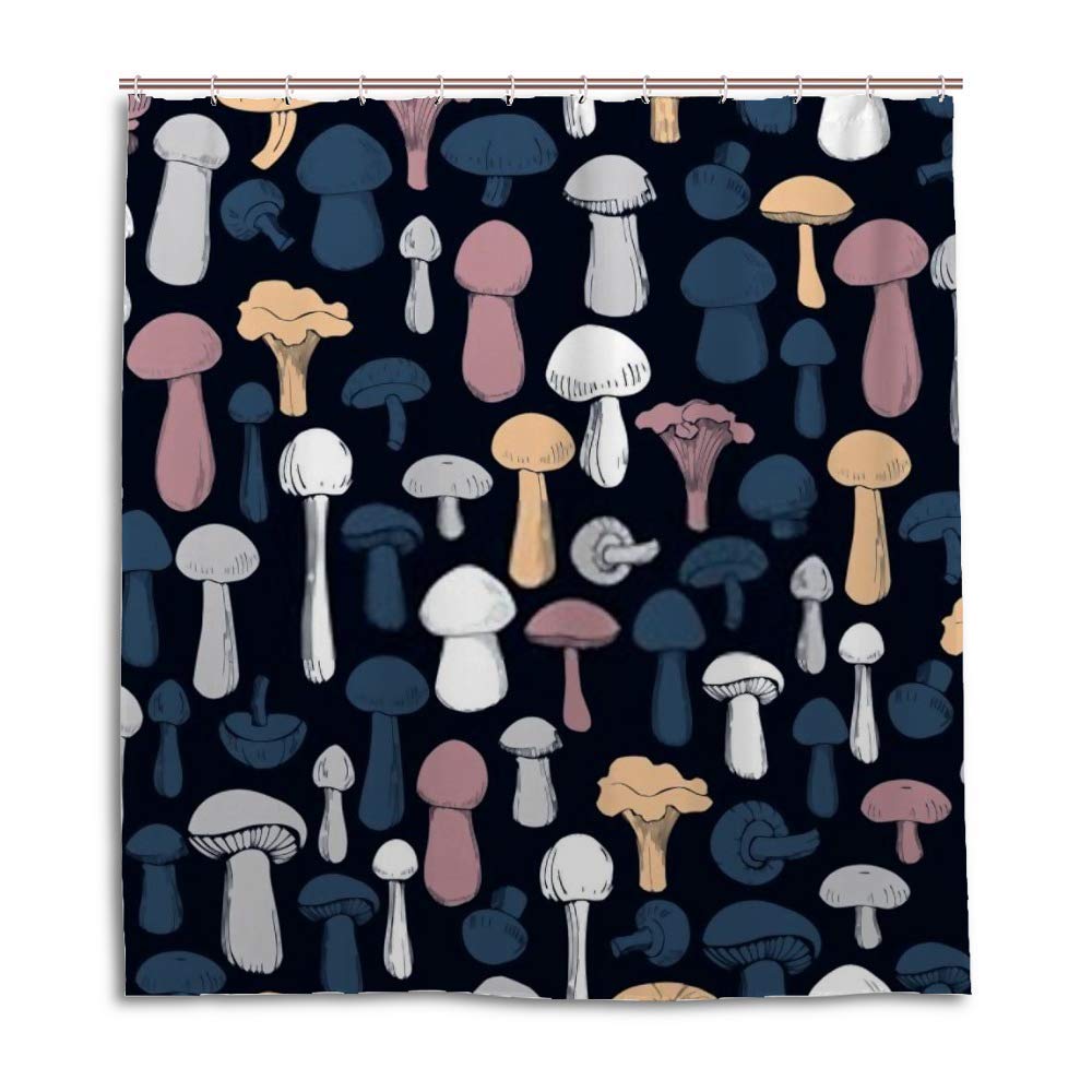 Rideau de douche champignons en polyester résistant avec crochets
