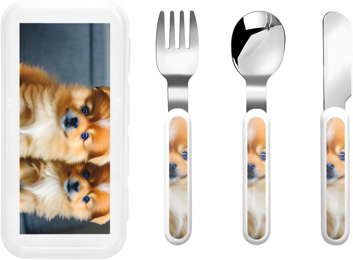 Pomeranians Puppies and Point Print Stainless Knife Spoon Fork 3-Piece Set,Flatware Cutlery Set With Storage Case