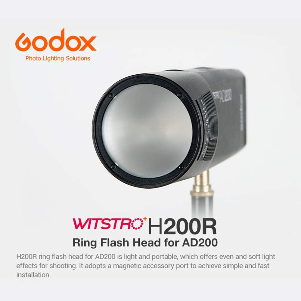 Godox H200R Ring Flash Head for Godox AD200 AD200Pro, 200 W Modelling Lamp Spiral Flash Tube Natural Soft Light