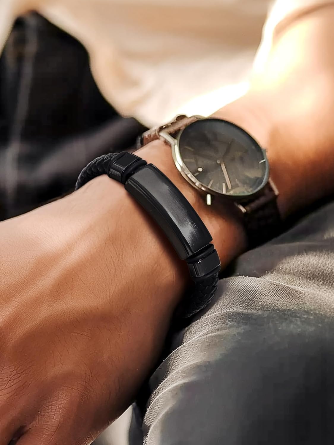 U7 Mens Leather Bracelet with Stainless Steel Clasp, Leather Cuff Bracelet in Skull or Wrap Style Black Bracelets for Husband - Image 3