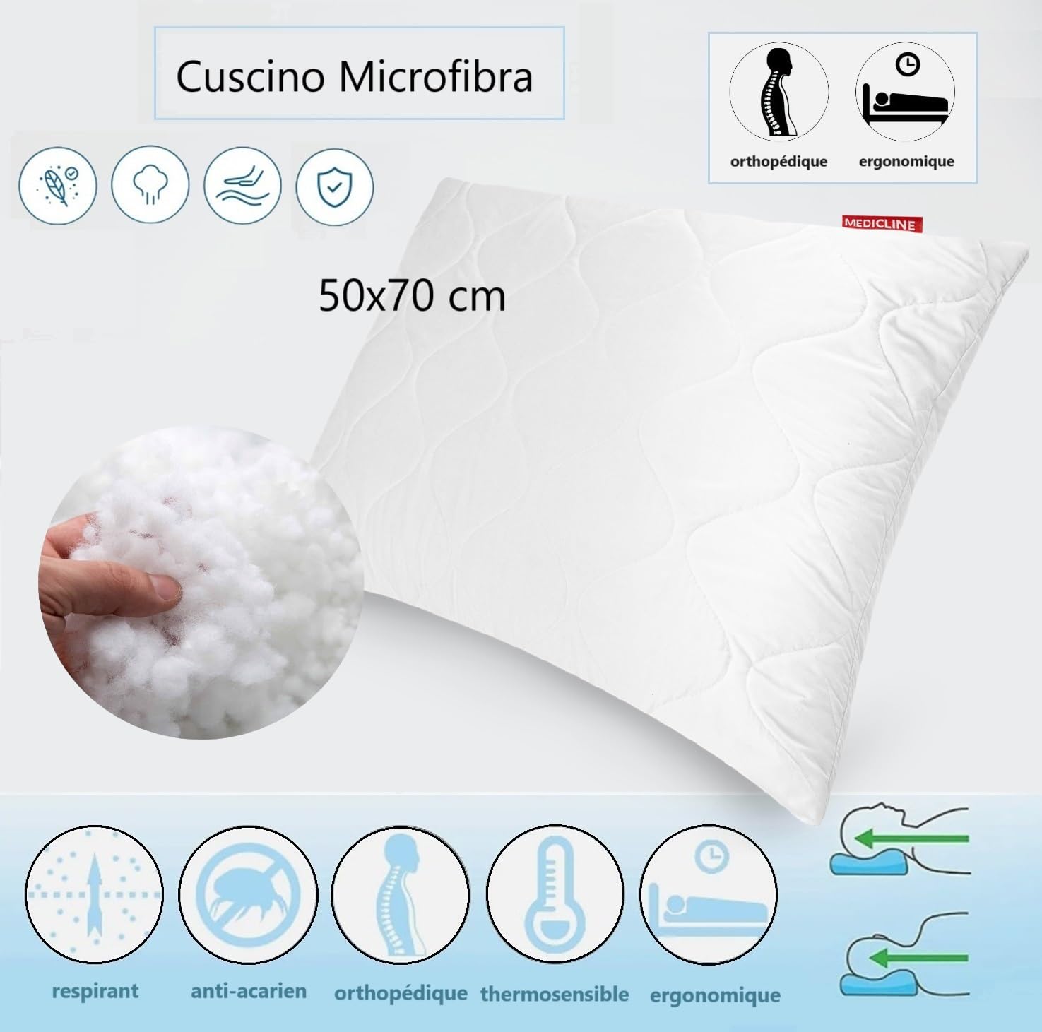 Cuscino Microfibra 50x70 cm Traspirante e Anallergico, Cuscino da Letto 50x70cm, Cuscino Letto Singolo o Matrimoniale, Prodotto in UE, Garanzia di imbottitura