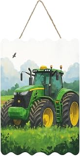 CASOWAT Green Farm Tractor Theme Print Woodblock Farmhouse Style Wall Art Decor for A Family Garden Party Sign Poster 12x8 In