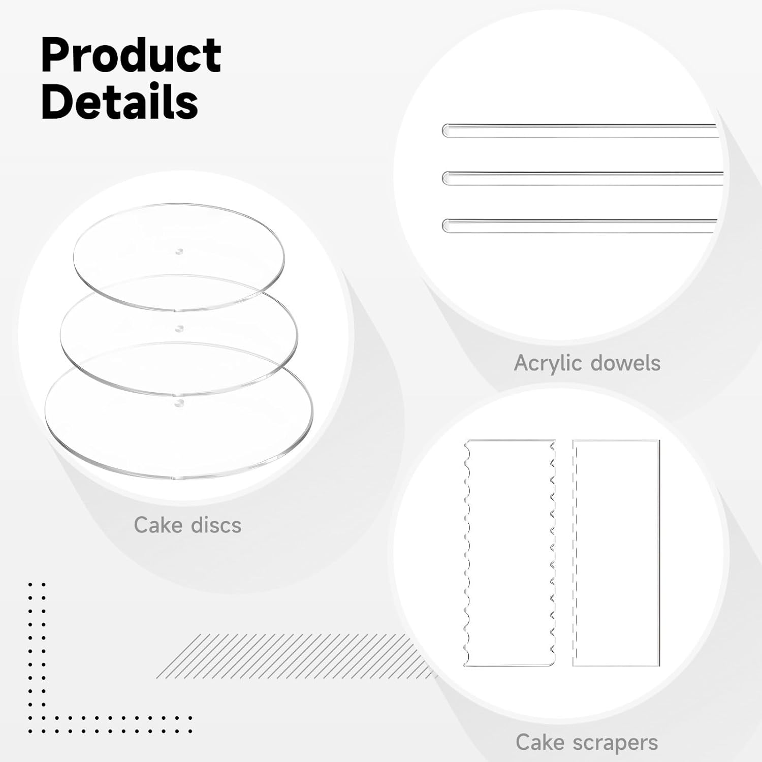 Complete Cake Decorating Tools, 11 Pieces Acrylic Cake Discs Spatula Bar Kit, 6 Cake Discs, 2 Icing Scrapers, 3 Center Dowels, Making 3 Tier Cake for Wedding Party