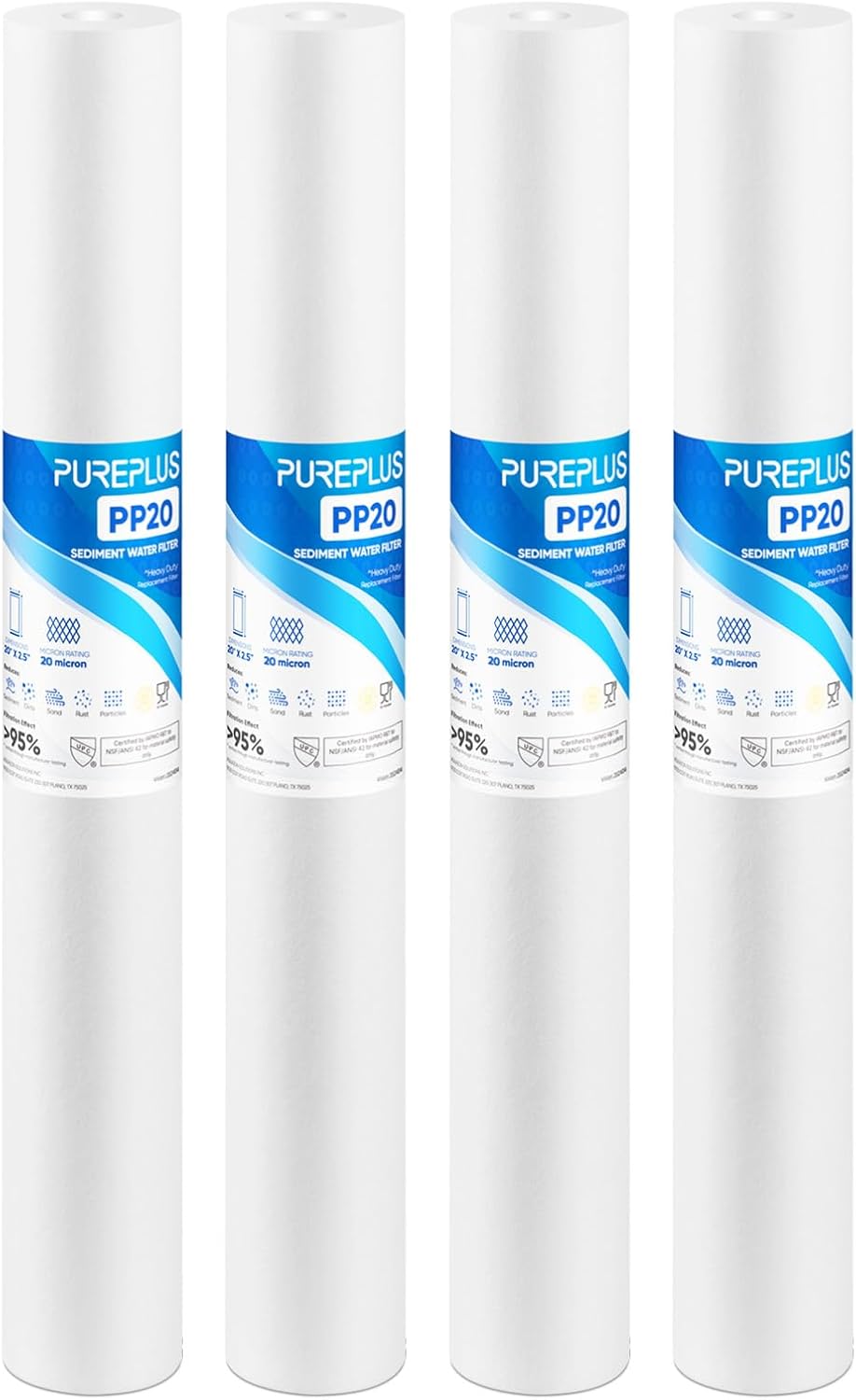 PUREPLUS 20 Micron 20" x 2.5" Whole House Sediment Home Water Filter, 20-inch Sediment Pre-Filtration, Replacement Cartridge Aqua Pure AP110-2C, Pentek P1-20/SP-P1-20/PX01-20, Watts FPMB5-20, 4PACK