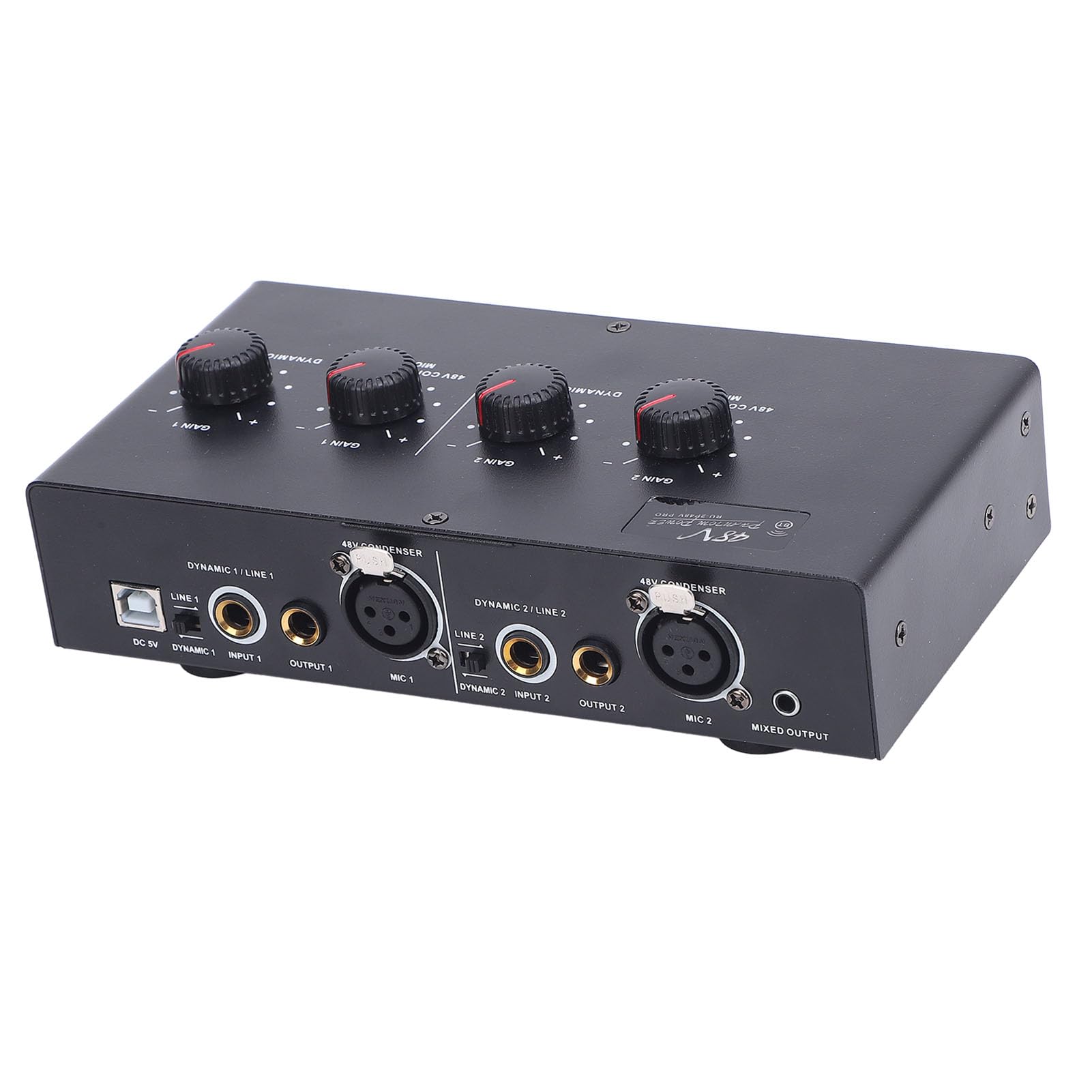 Demeras Dynamiczny Wzmacniacz Mikrofonowy, Wzmacniacz Bezstratny 2-kanałowy Mikrofonowy Szeroka kompatybilność Zasilanie Phantom 48 V Zasilanie USB 5 V DC do Nagrywania w Studiu