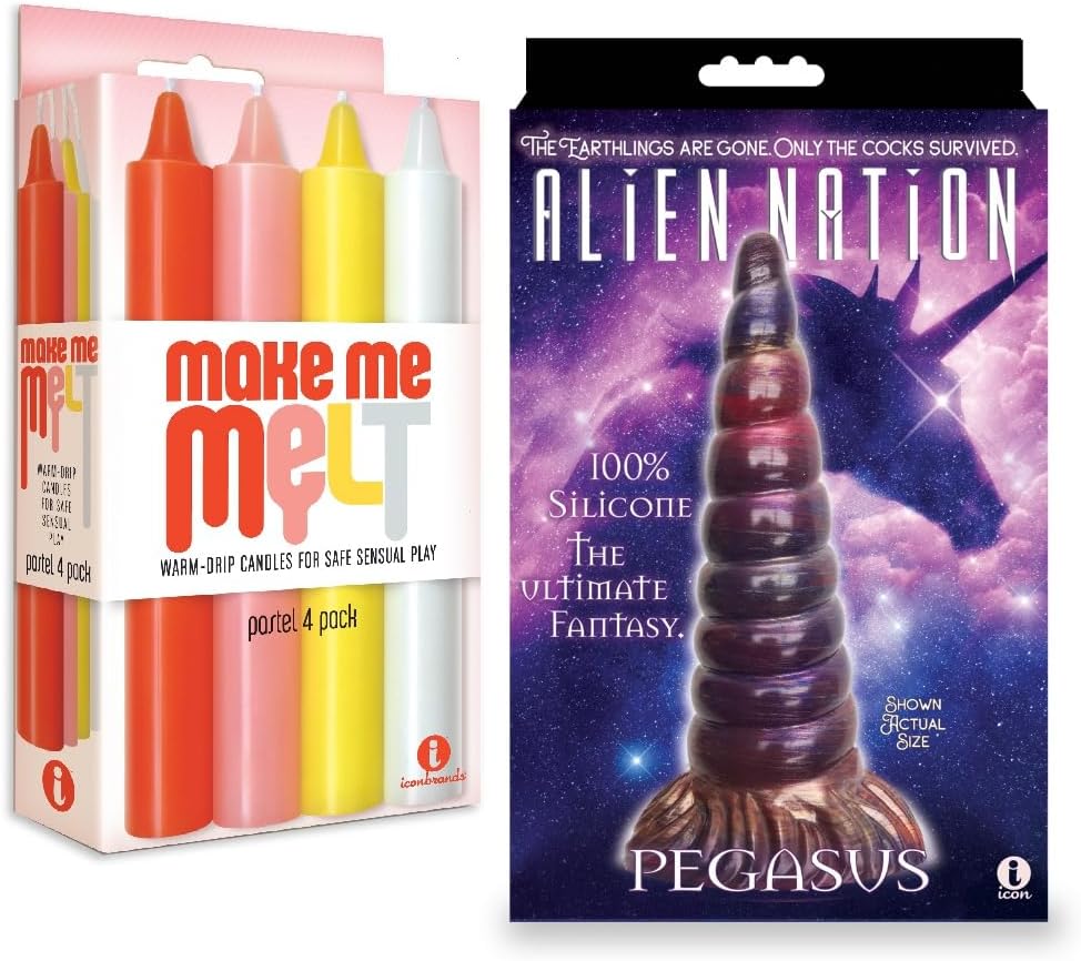 Couples Sex Toy Bundle of Make Me Melt Sensual Warm-Drip Candles, 4 Pack, Pastel and Icon Brands Alien Nation Pegasus Silicone Creature Dildo - Copper