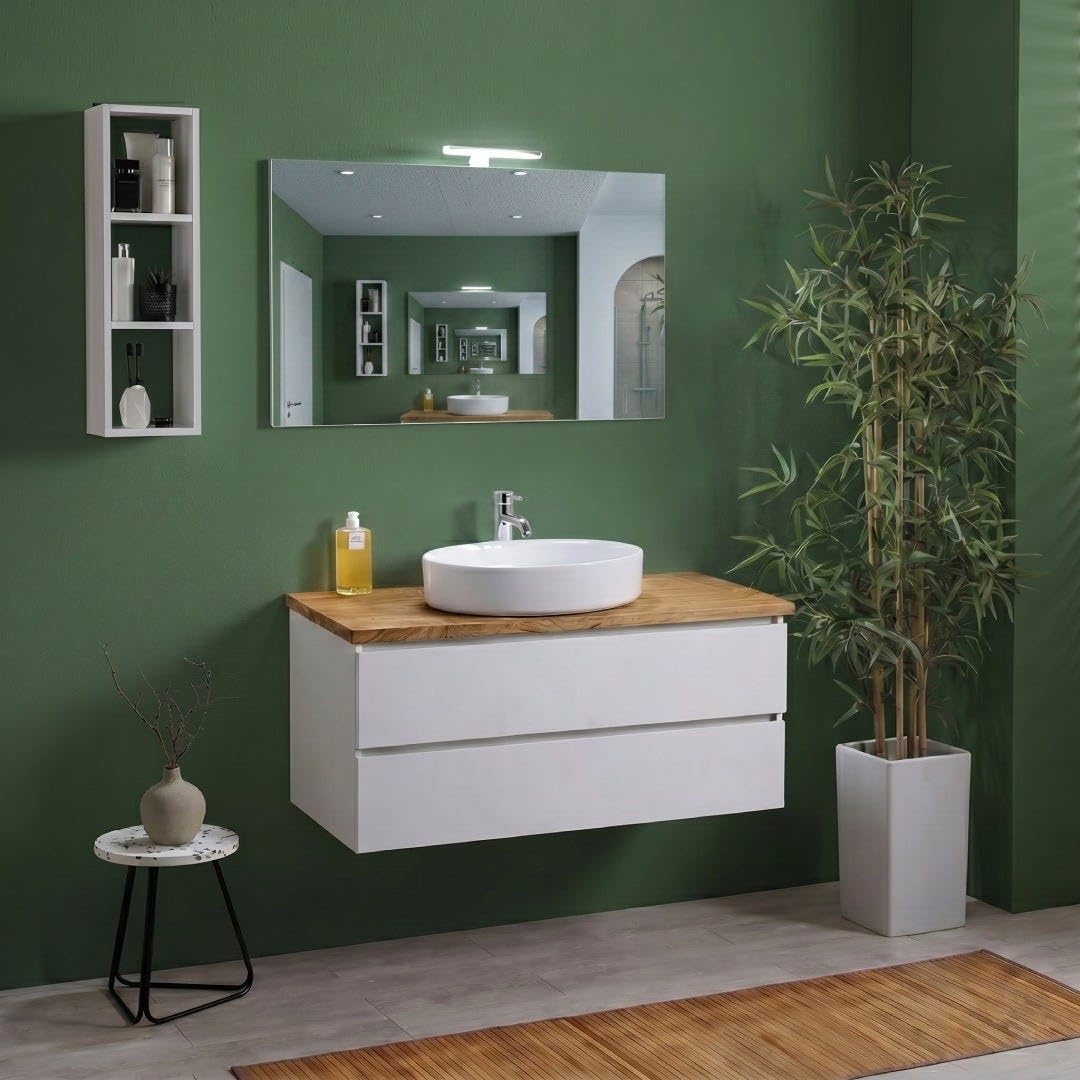 Kiamami Valentina - Mobile bagno sospeso 100 cm bianco con top rovere, 2 cassetti, specchio 100x60 con lampada, già assemblato