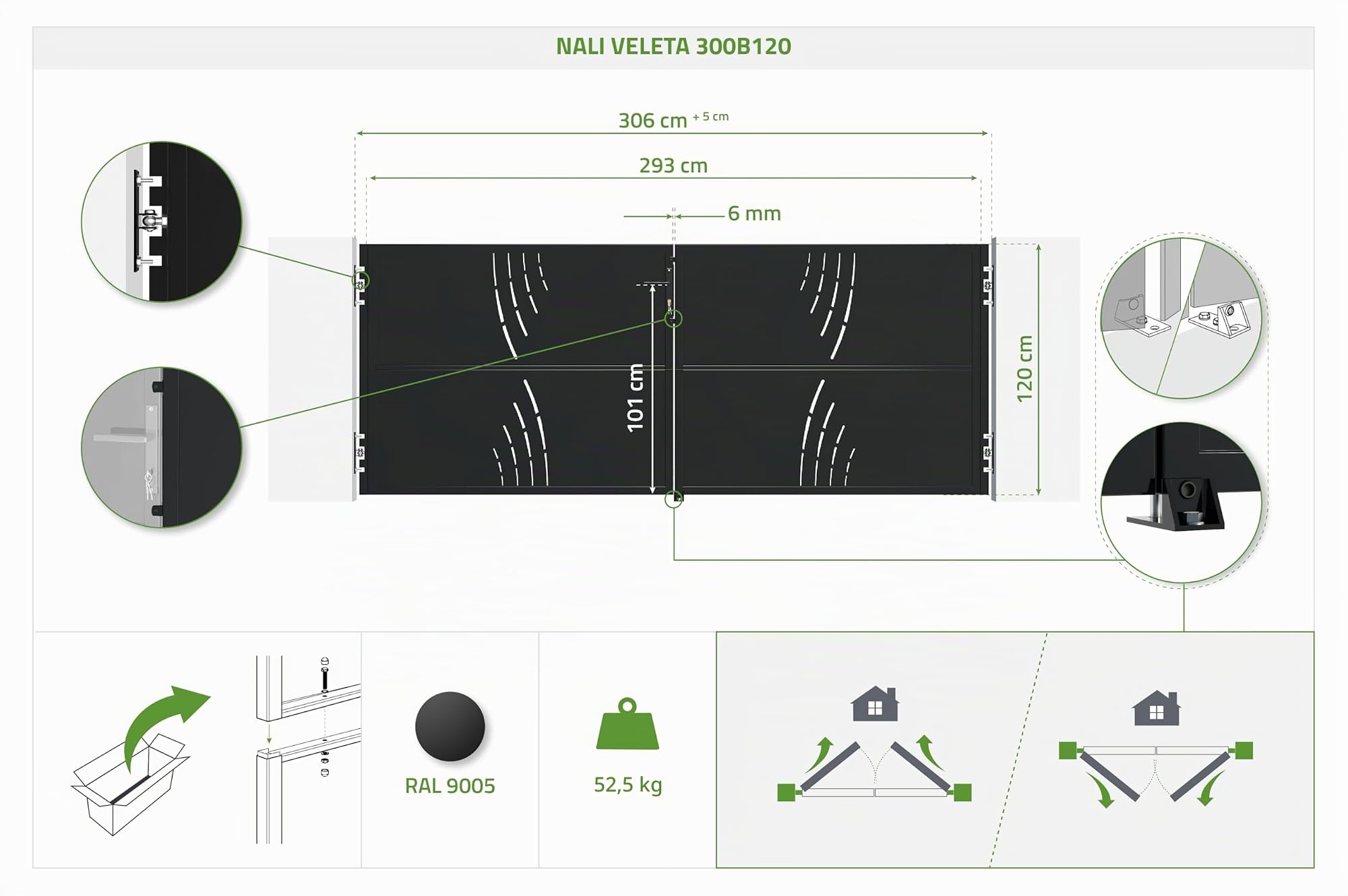 CASANOOV Portail Battant Acier NALI VELETA 293x120 cm 3x1,2 m 4 m² Noir Mat Design Motif Nature Extérieur Sécurisé Robuste Acier Galvanisé Compatible 306-311 cm Serrure Incluse Résistant Intempéries