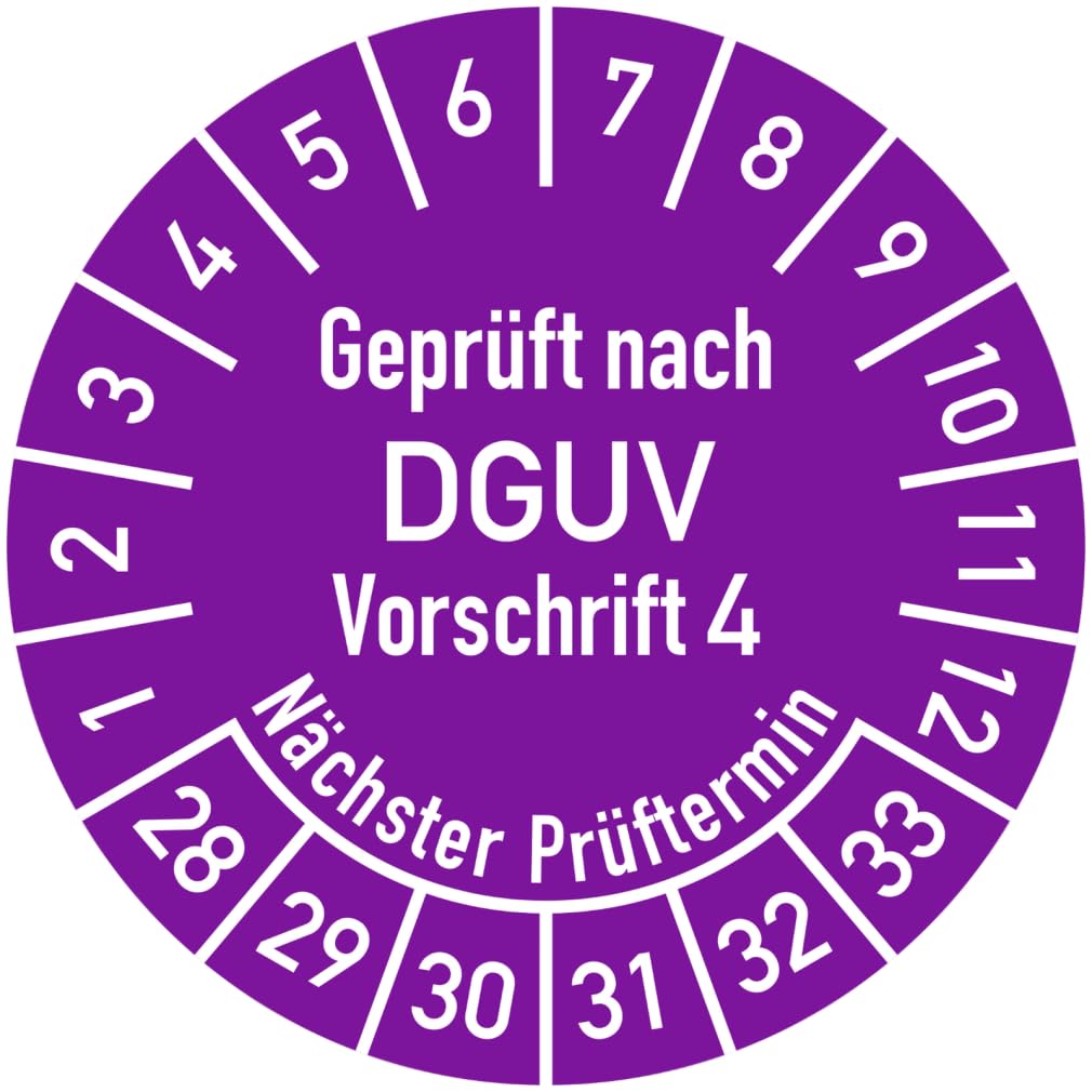 Dreifke® Prüfplakette Geprüft nach DGUV Vorschrift 4, Nächster Prüftermin, 2028-2033, Folie, Ø 25 mm, Rolle mit 500 Stück