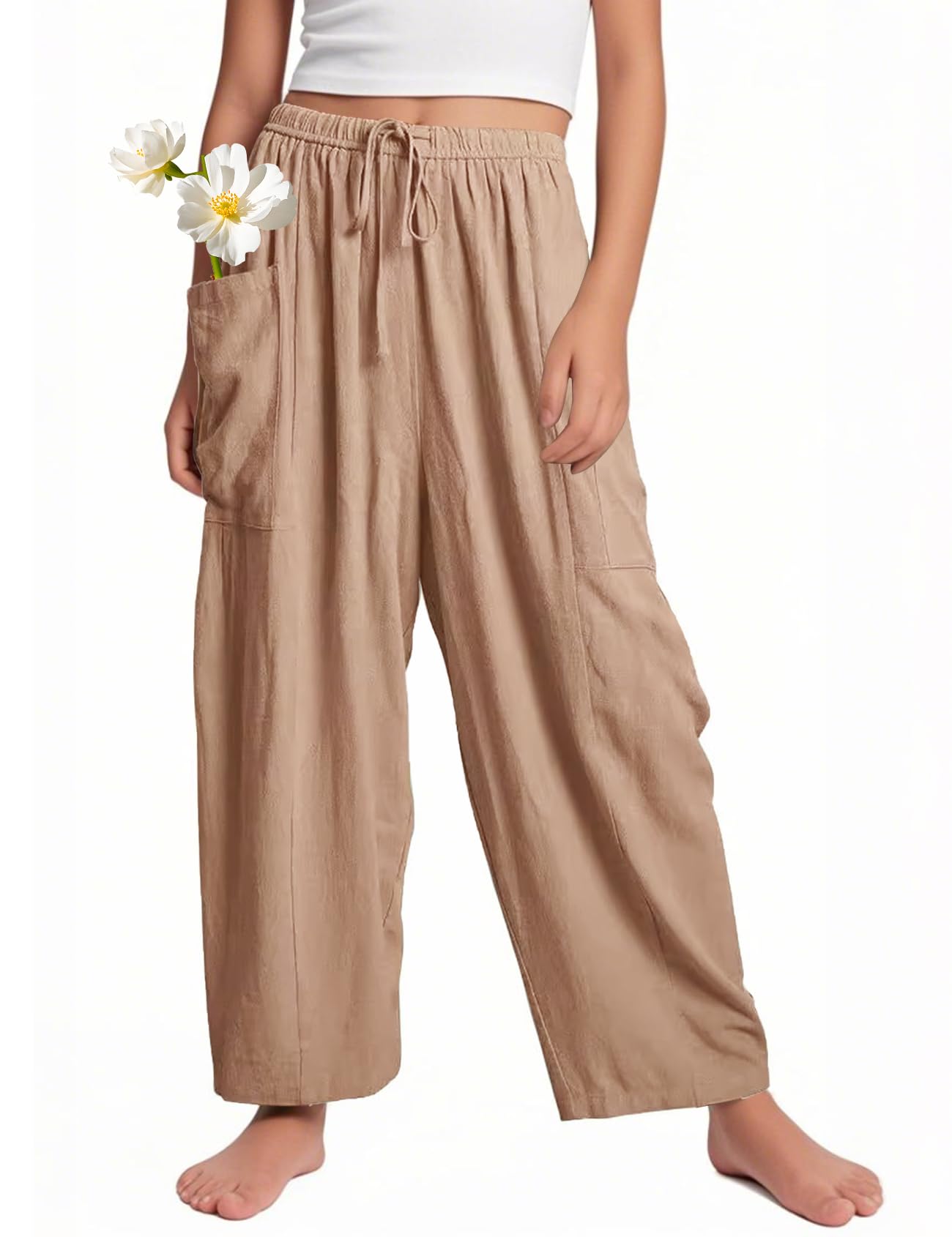 Flygo Girls Wide Leg Pants Casual Flowy Elastic Waist Palazzo Harem Trousers with Pockets 5-14Y