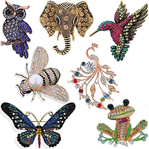 Kiddale 7 PCS Woman Girl Animal Brooch Pins Set Crystal Rhinestone Pin Vintage Colorful Owl Elephant Butterfly frog Hummingbird Bee Brooch Animal and Insect Brooch
