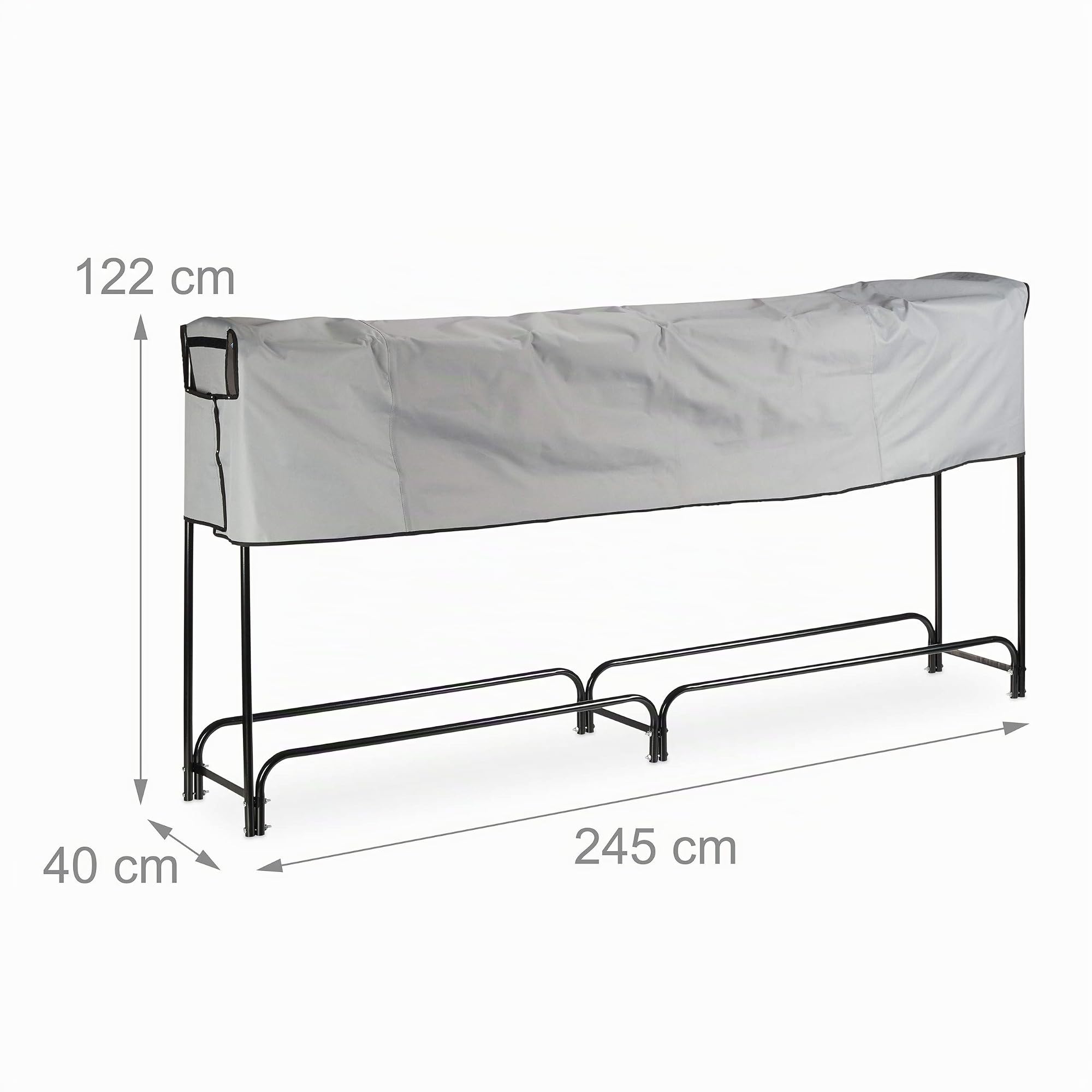 Relaxdays 10026087_962 Etagère de cheminée, très Large, avec Housse, Support de bûches en métal, HlP 122 x 245 x 40 cm, Noire, Acier, Polyester