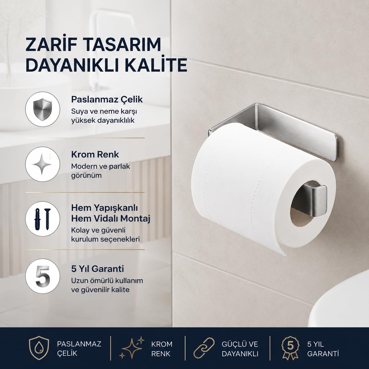 Alper Banyo Paslanmaz Çelik Lamalı Tuvalet Kağıtlığı, Krom Renk WC Kağıt Askılığı, Hem Yapışkanlı Hem Vidalı Montajlı, Açık Uç Tasarımlı Banyo Kağıtlık, 5 Yıl Garantili