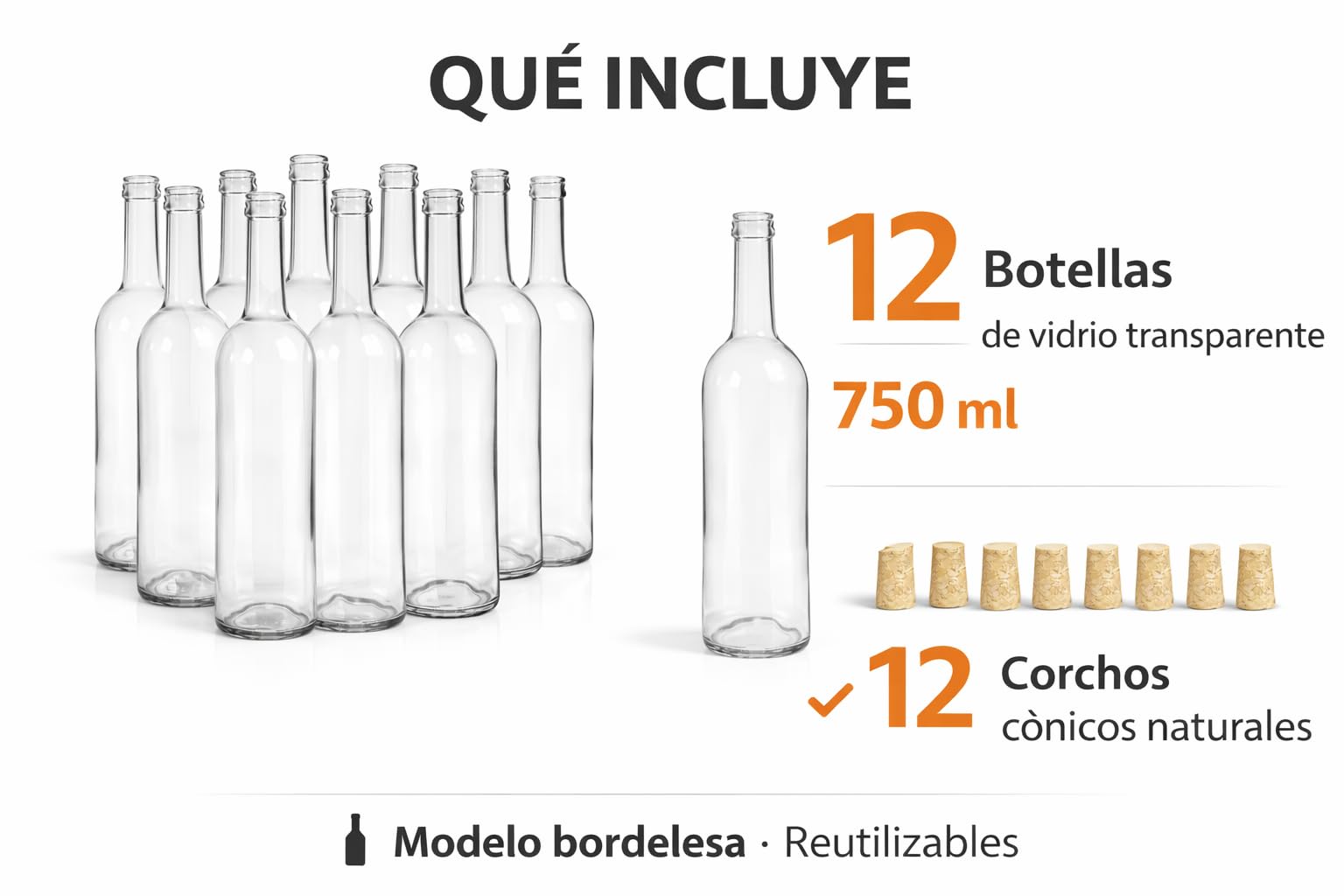 Taninea Botellas Cristal Vacías para Vino 750 ml Blanca/Transparente con Corcho Cónico Natural – Pack 12 – Tipo Bordelesa – Reutilizables para Vino Casero, Licores, Aceites y Vinagres — view 2