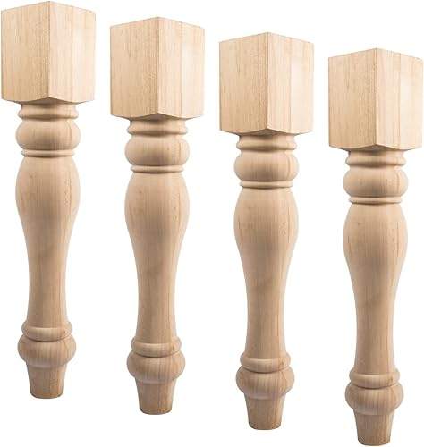 Patas de mesa de comedor de 16 pulgadas de alto, 3 12 pulgadas de ancho, 3 12 pulgadas de profundidad, patas torneadas de repuesto de madera de goma