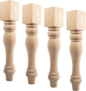 29-inch H 3 1/2-inch W 3 1/2-inch D Chunky Unfinished Farmhouse Dining Table Legs, 4Pcs Rubber Wood DIY Replacement Turned Legs