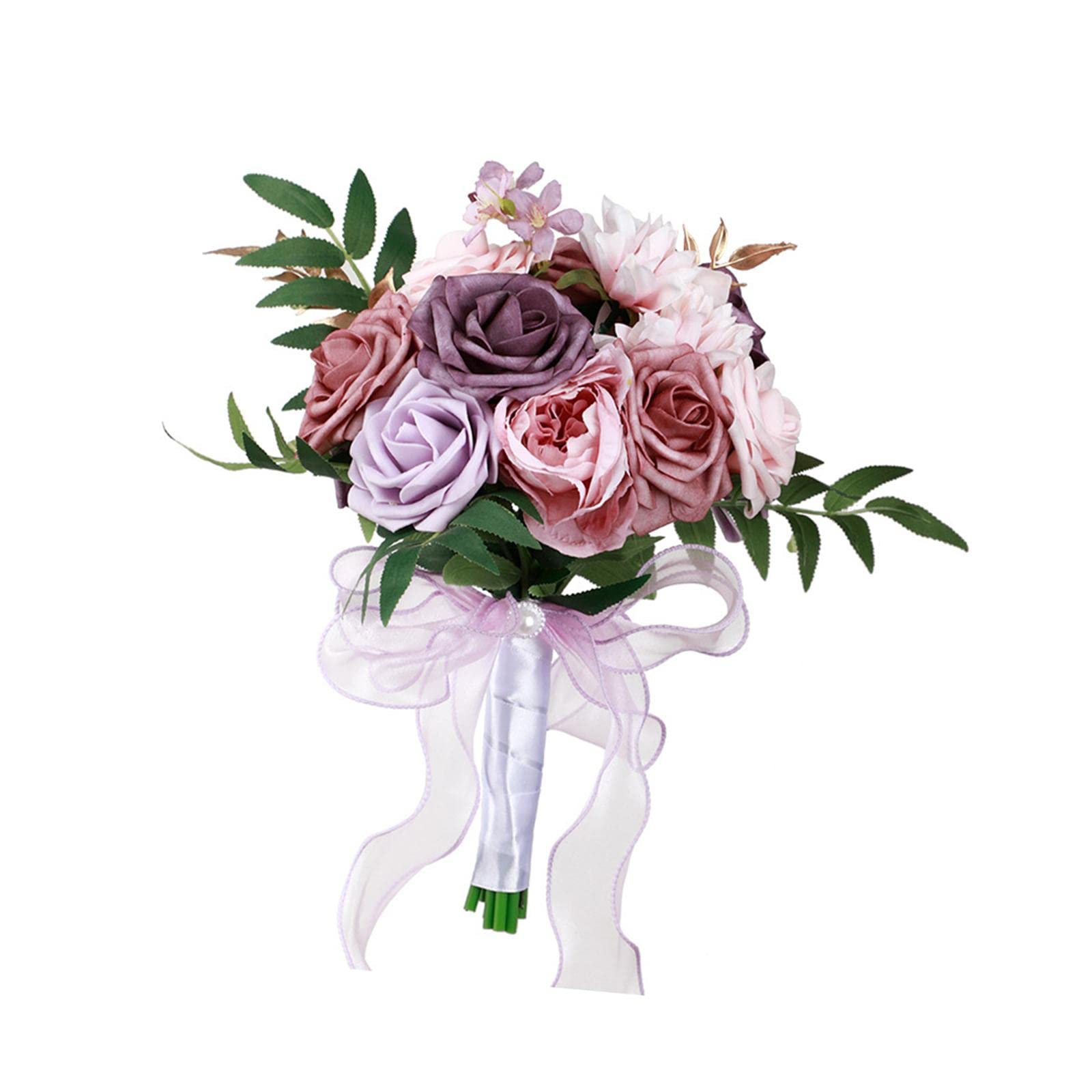 Perfeclan Bridal Wedding Bouquets Artificial Rose Flowers Bouquet Handmade Romantic Wedding Bouquets for Bride Bridesmaid Holding Flowers, Pink Violet