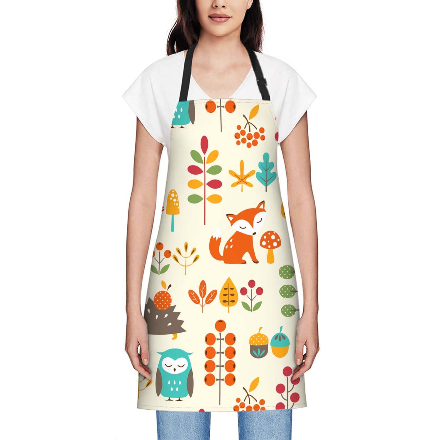 Smooffly Autumn Pattern with Cute Animals Apron Unisex Adjustable Bib Apron Cooking Kitchen Chef Women Men Aprons for Home Kitchen Restaurant,Coffee House,Shop,Garden - Image 2