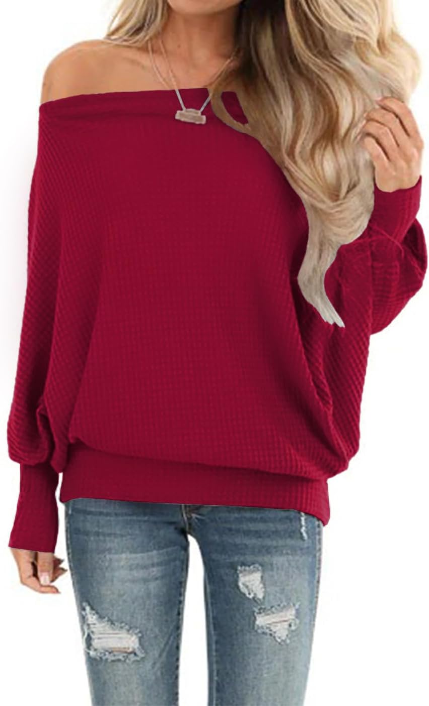 Lacozy Women's Off The Shoulder Tops Waffle Knit Oversized Sweatshirt Long Sleeve Tunic Shirts Pullover Sweaters