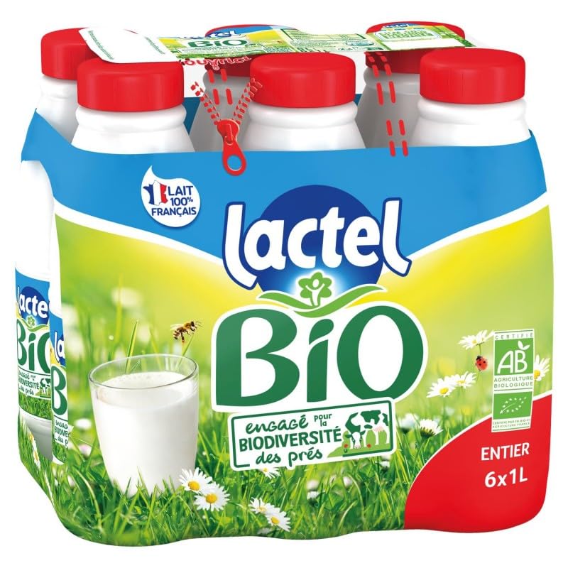 LACTEL Lait Entier Bio Certifié Ab 6X1L - Pack de 6 Bouteilles de Lait Bio Frais de 1L - Produit Français pour une Alimentation Saine et Naturelle - L'Unité