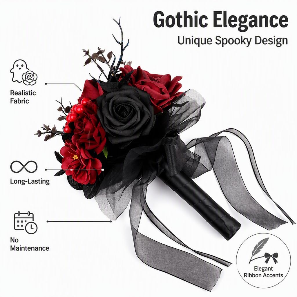 Ramos de Novia góticos, Ramo de Flores Artificiales Negras para Halloween, Ramos de Boda con Flores Artificiales para Novias, Damas de Honor, Aniversario de Halloween. (18 * 18 * 28cm)