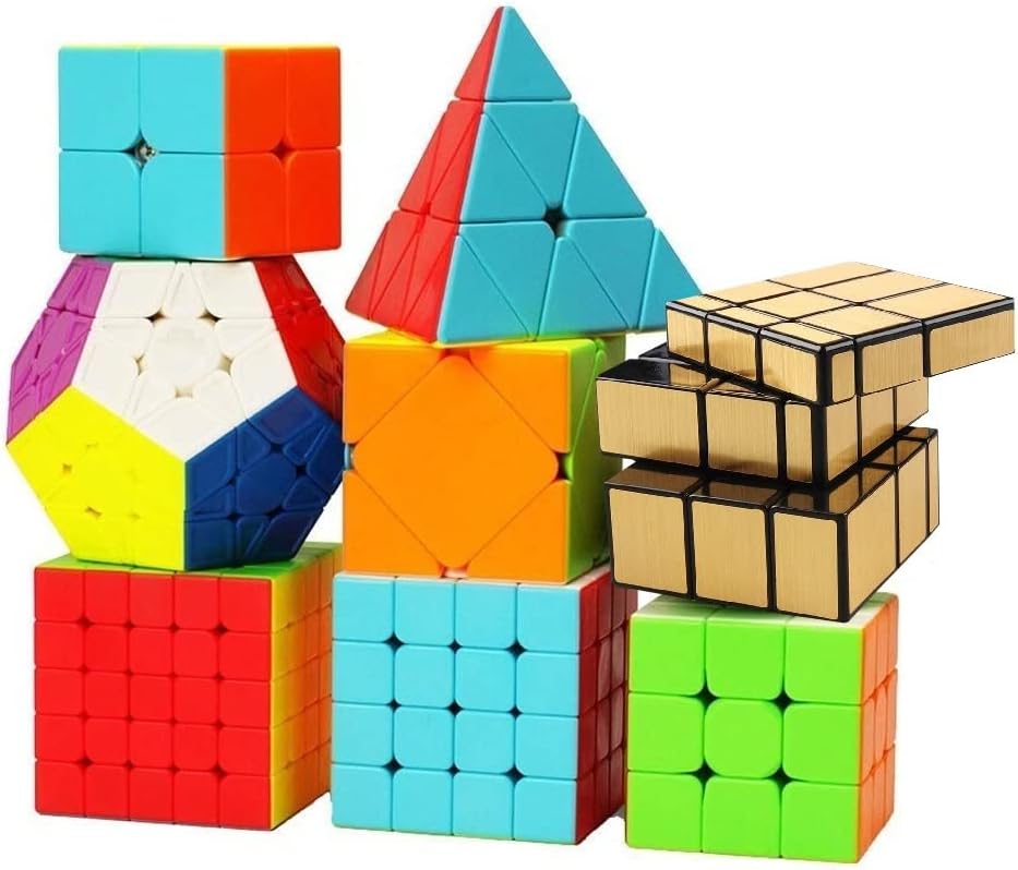 AUTHFORT Speed Cube Bundle Stickerless Magic Cubing Classroom Smooth Puzzles Set with Gift Packing (Gold 8 Cube)
