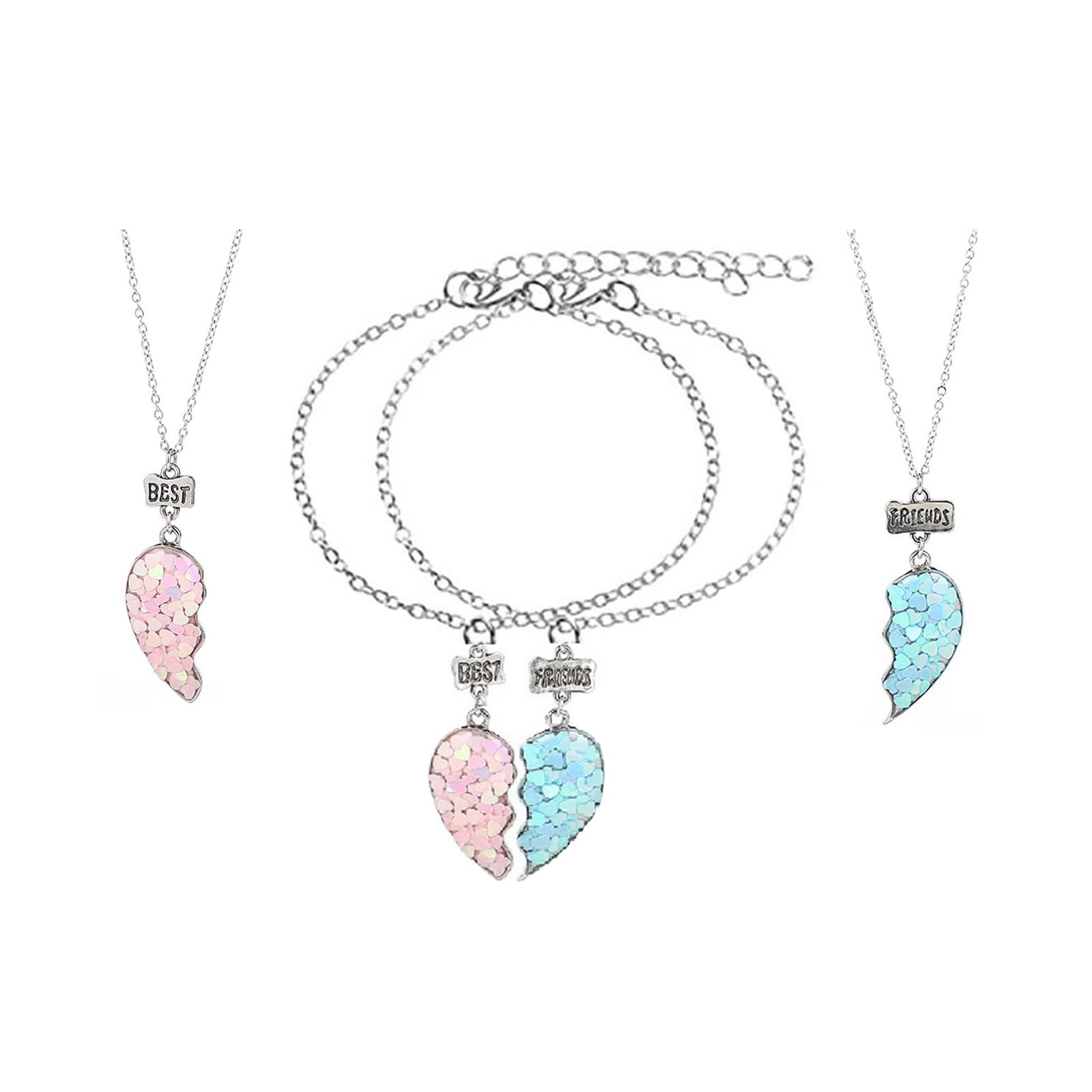 Salircon4 PCS Matching BFF Necklaces for Best Friends, Bestie Friendship Necklace Bracelet Set for 2, Sequins Heart Necklaces for Sister