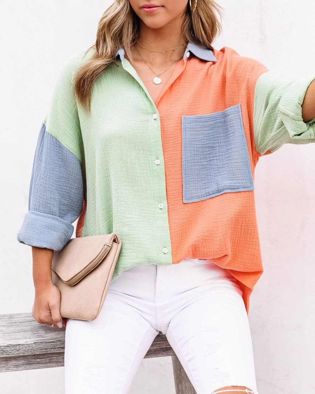 chouyatou Women's Color Block Long Sleeve Button Down Boyfriend Shirt Blouses - Image 2