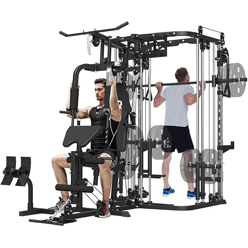 All in One Home Gym System Workout Station, Multi-Function Smithe Machine Power Cage with Cable Crossover System, Tripe-Sided Independent Load Posts, Functional Trainer for Full Body Training