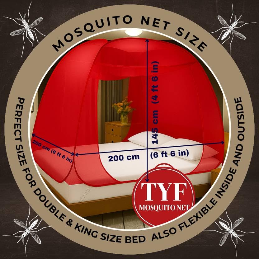 Image of TYF Mosquito Net for Bed Made with Polyester Material | Foldable Mesh Design | Lightweight and Portable Structure | Easy to Use and Carry, Red (6.15 Feet X 6.15 Feet) Double Bed