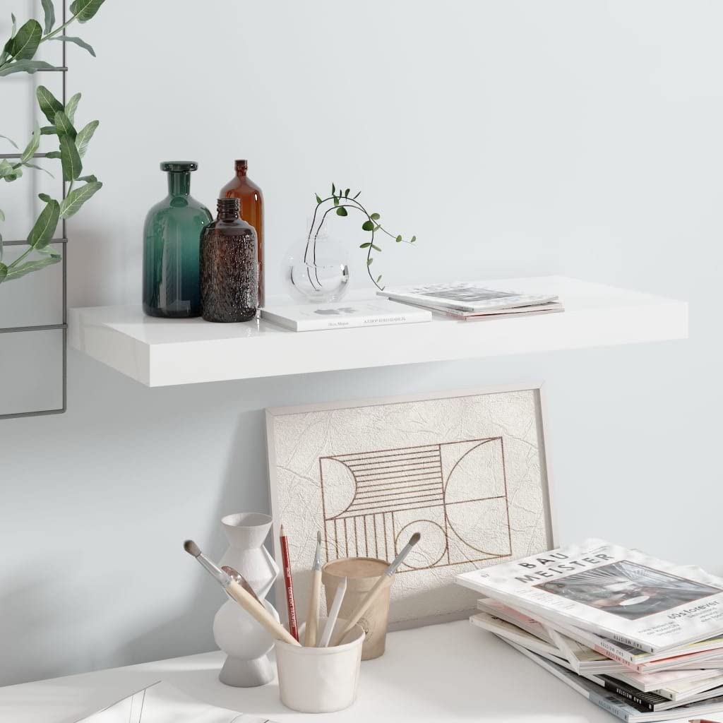 YUANCHUTOP Floating Shelves, White Gloss Wall Mounted Shelf with Invisible Brackets Book Plant Display Rack Storage for Bathroom Living Room Bedroom Entryway Hallway, 60cm