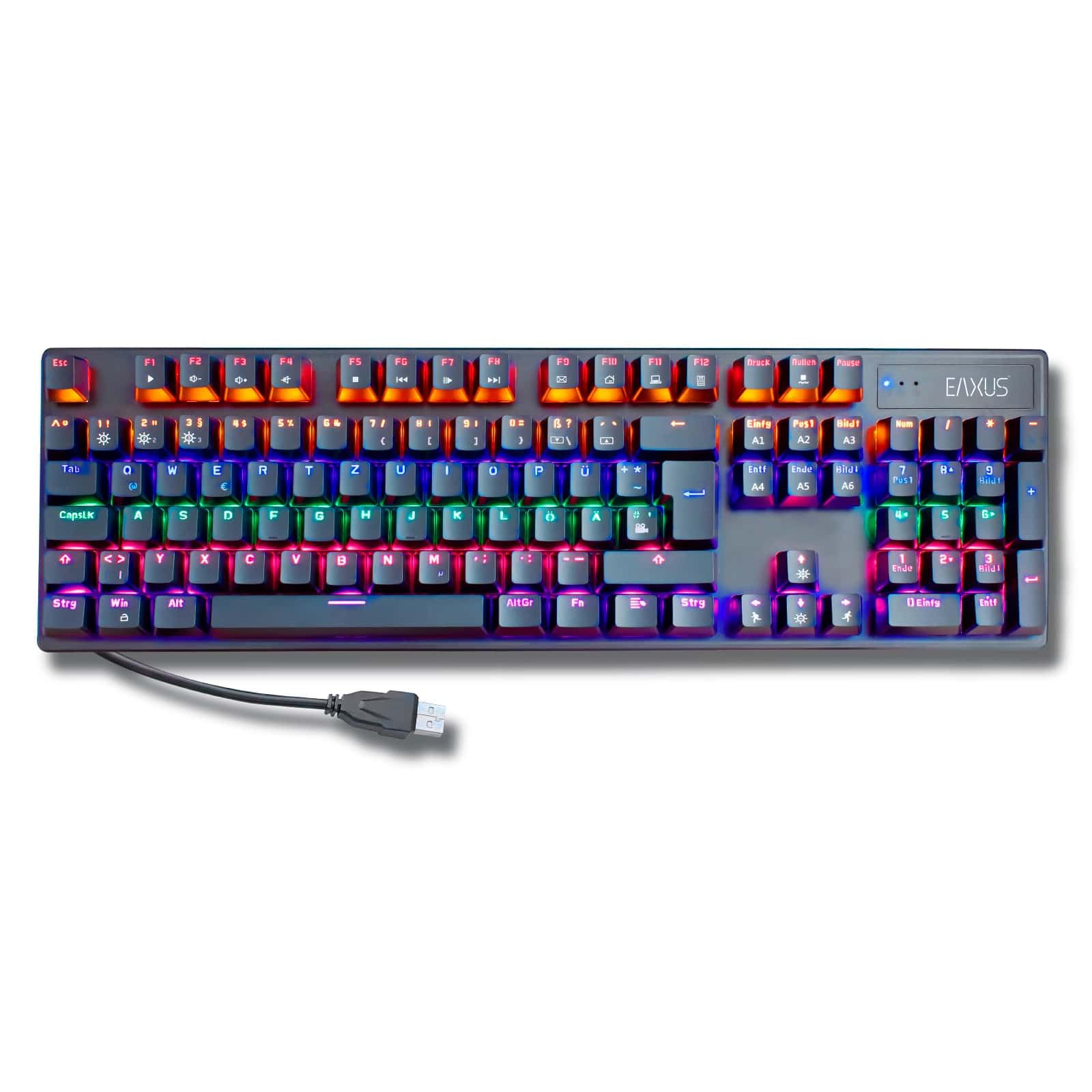 Eaxus® Clavier de jeu mécanique - Clavier de jeu LED avec touches macro et commutateurs bleus, taux de polling USB 1000 Hz, QWERTZ, noir