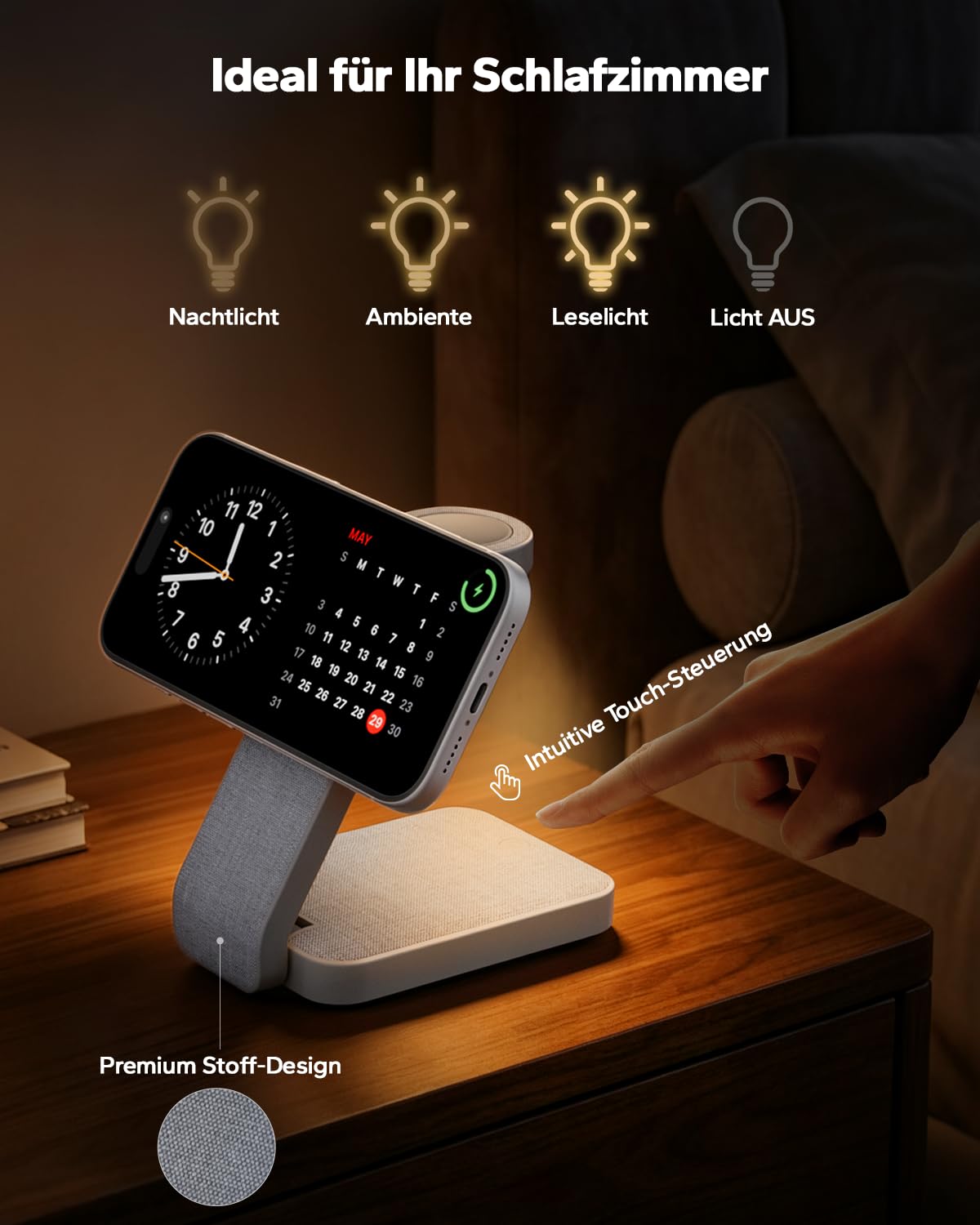 Eazpower Magsafe Ladestation für Apple Watch und iPhone 3 In 1 Faltbar, iPhone Ladestation Magsafe Ladegerät Schnellladefunktion mit Nachtlicht für iPhone 17~12, Apple Watch 11~2, AirPods - Anthrazit